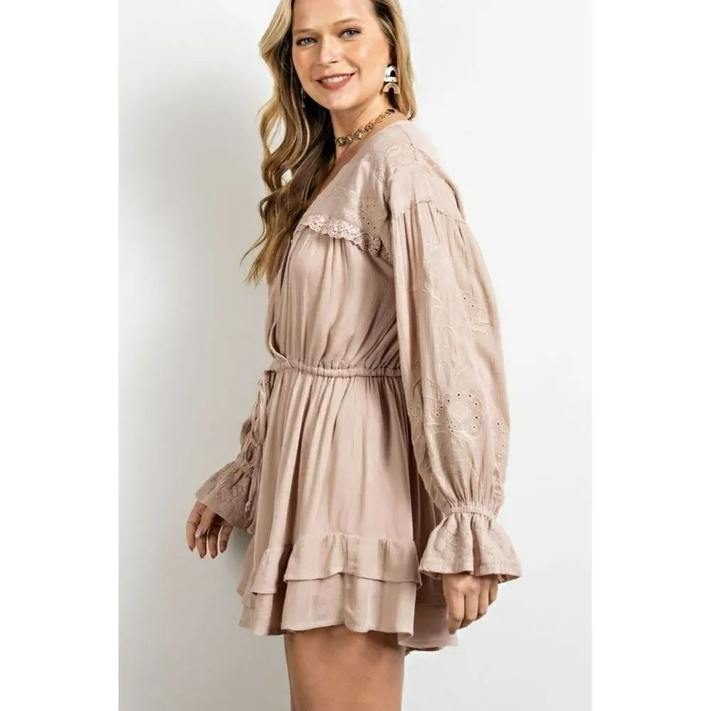 Easel Women's Boho Lace Ruffle Gauze Long Sleeve Romper Mushroom S-L New EB41218
